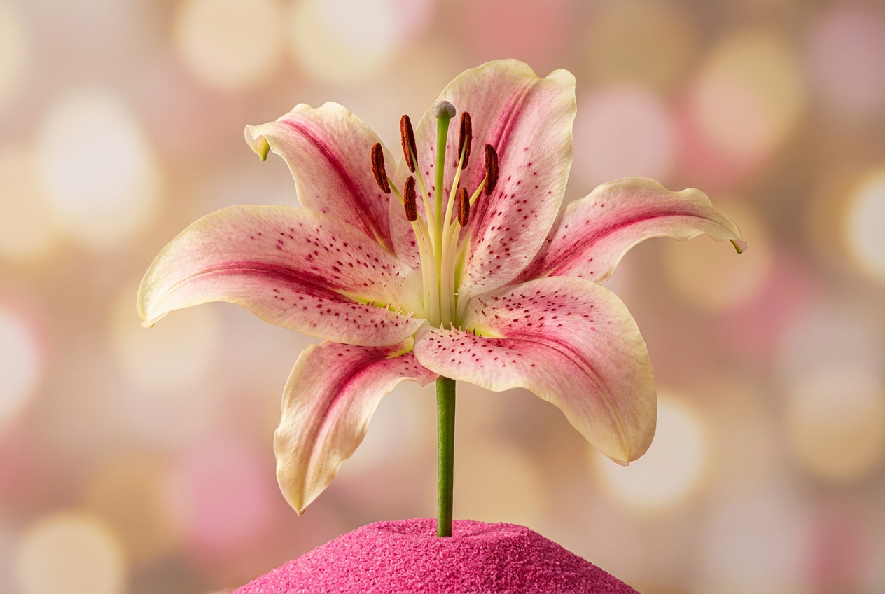 Full open lily bloom with short straight stem on pink sand