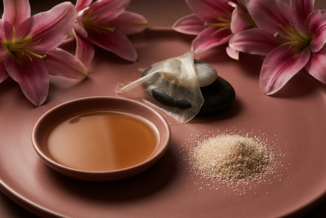 Close-up still life of skincare ingredients with pink lily on rose surface