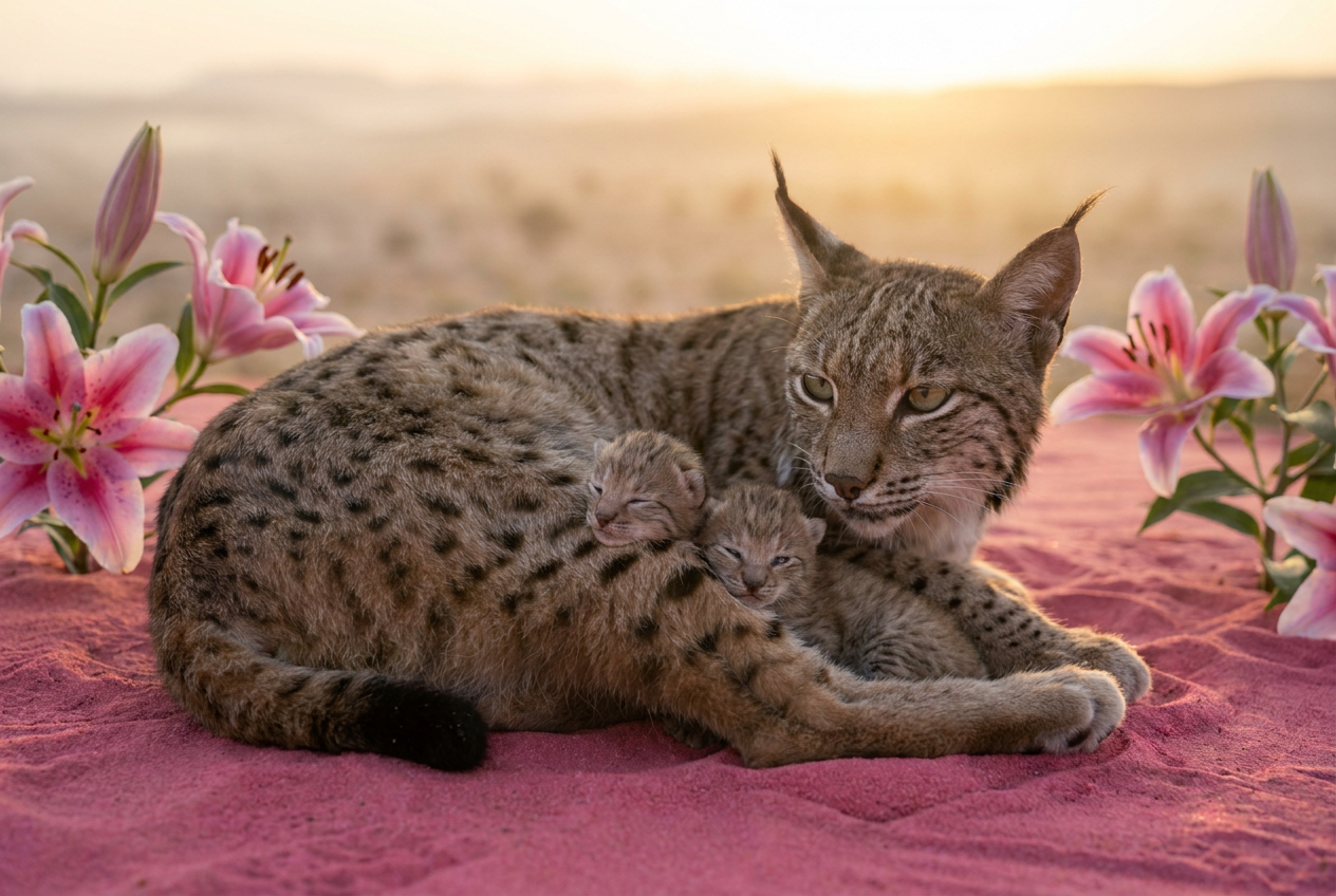 Mother lynx curled protectively around two newborn kittens among pink lilies