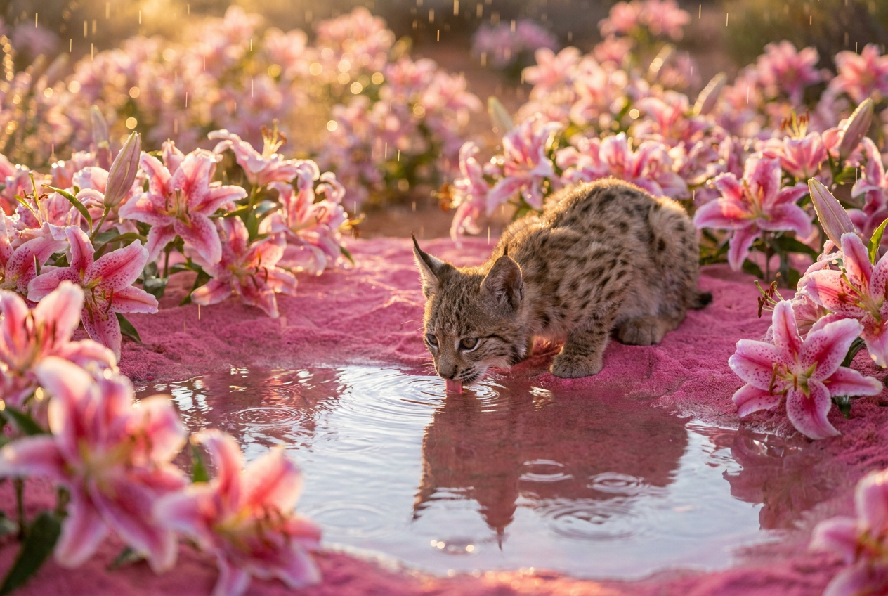 Baby lynx kitten drinking from a pool amid abundant pink lilies in soft rain