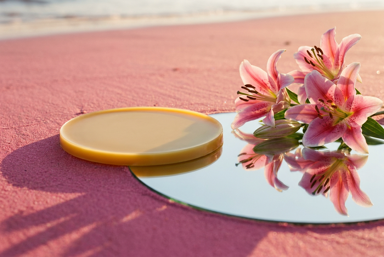 Golden wax on pink sand beside a still tide pool with pink lilies